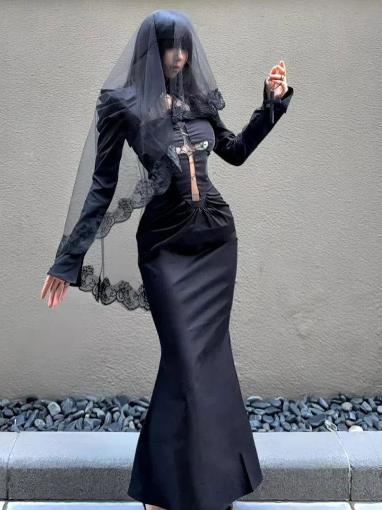 Delicate Net Cross Ornament Long Dress black / S