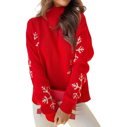 High Collar Snowflake Print Loose Fit Long Sleeve Knit Christmas Sweater Red / S Sweaters-L