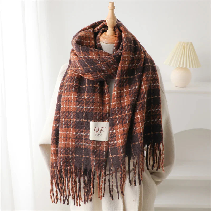 Korean Style Plaid Cashmere Pashmina Wrap Scarf - Winter Warm And Thick Orange Scarfs-L
