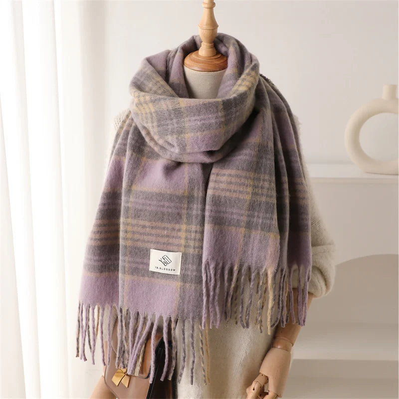 Color Blocked Grid Cashmere Pashmina Wrap Scarf Lavender Scarfs-L