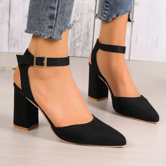 Woman Sandals High Heels Pointed Toe Shoes 2024 Trend Summer New Fashion Suede Chunky Shallow Sexy Dress Designer Mujer Zapatos