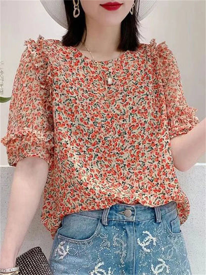 FashionSierra - Summer Casual Style Flower Printed Short Lantern Sleeve O-Neck Blouse