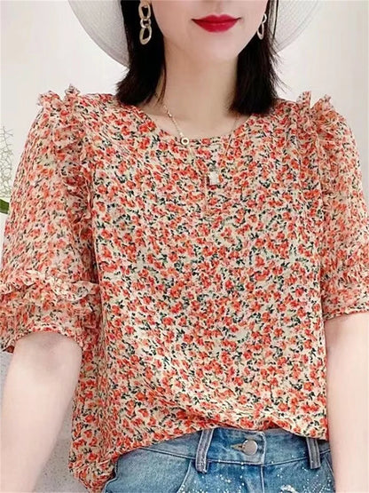 FashionSierra - Summer Casual Style Flower Printed Short Lantern Sleeve O-Neck Blouse