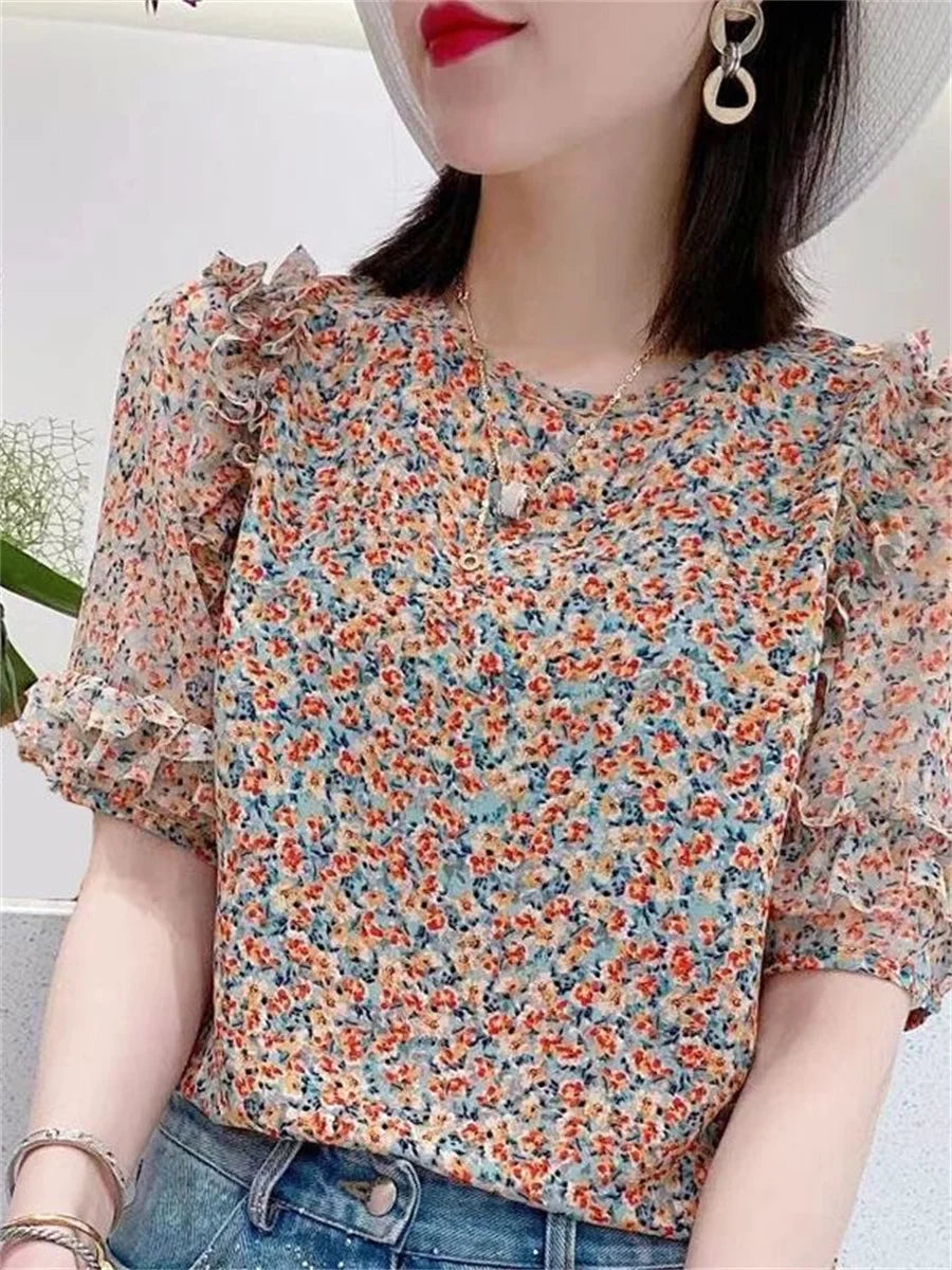 FashionSierra - Summer Casual Style Flower Printed Short Lantern Sleeve O-Neck Blouse