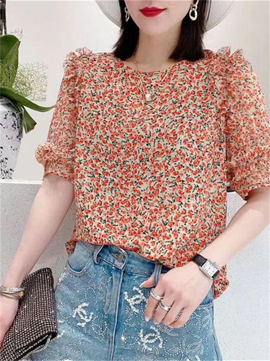 FashionSierra - Summer Casual Style Flower Printed Short Lantern Sleeve O-Neck Blouse