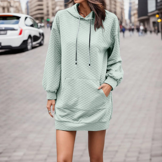 FashionSierra - Solid Color Hoodies Casual Loose Pockets Drawstring Hooded Autumn Pullover Dress