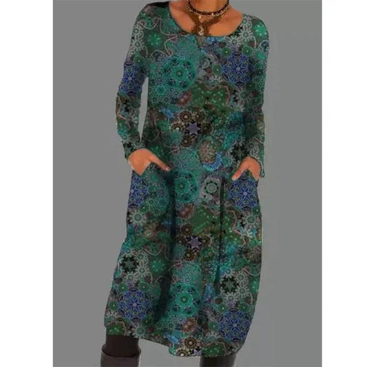 FashionSierra - 2025 Loose Vintage Ruffles Printed Full Sleeve Boho Dress