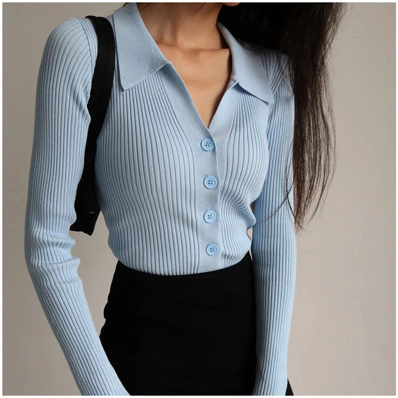 FashionSierra - New Lapel Slim Ladies Hollow Buttons Sexy V Neck Long Sleeve POLO Neck Knit Cardigan Sweater