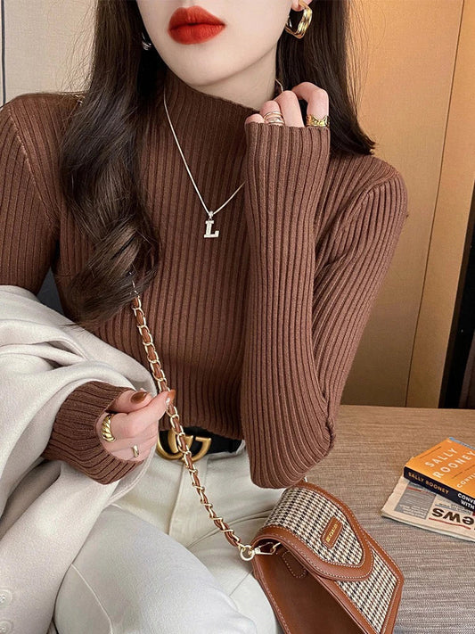 FashionSierra - Autumn Half Turtleneck Ribbed Long Sleeve Knitted Basic Solid Pullover Female Winter Soft Jumpers Top Sweater