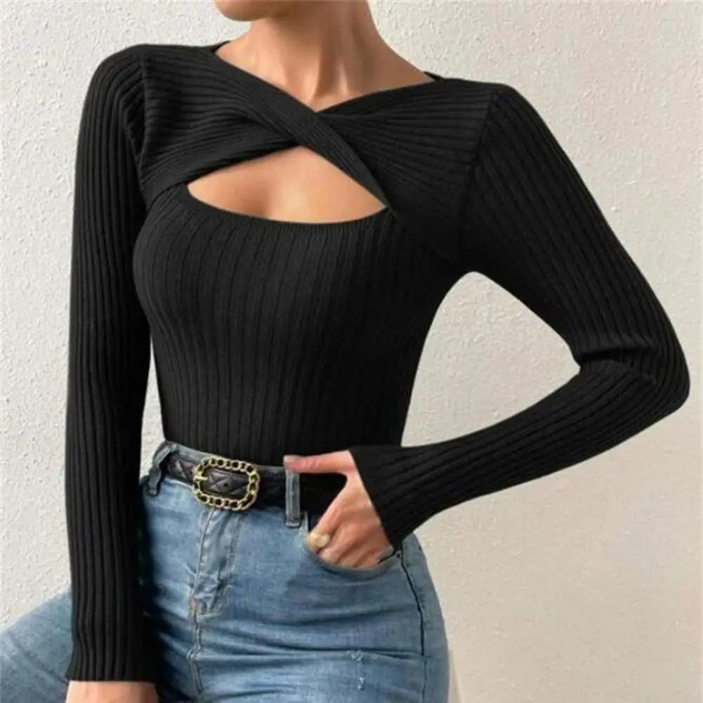 Women Autumn Hollow Out Fit Long Sleeves Warm Striped Spring Blouse