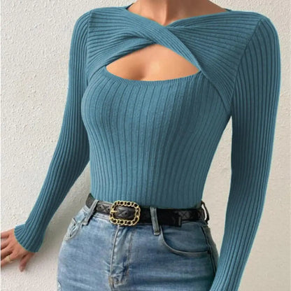 Women Autumn Hollow Out Fit Long Sleeves Warm Striped Spring Blouse