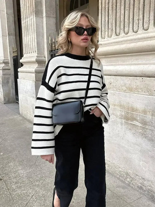 Women Black White Striped O Neck Knitted Jumper Tops Fashion Long Sleeve Loose Sweater