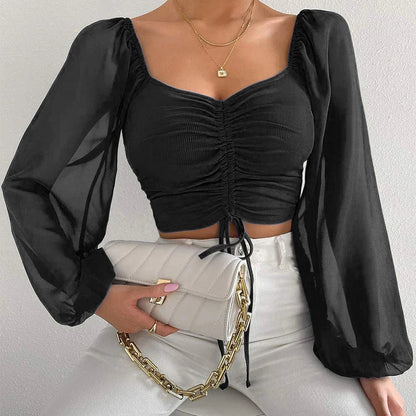 Women Chiffon Blouse V-neck Lantern Sleeve Spring Slim Sheath Blouse