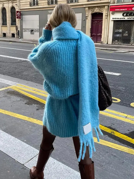 Women Blue Knitted With Scarf Collar Elegant Long Sleeve Loose Sweater