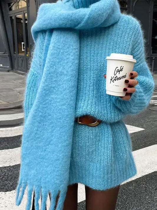 Women Blue Knitted With Scarf Collar Elegant Long Sleeve Loose Sweater