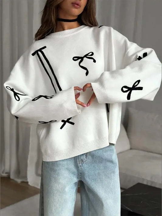 Women Bows Printed White Knitted Loose Pullover Fashion O Neck Long Sleeve Oversized Sweater