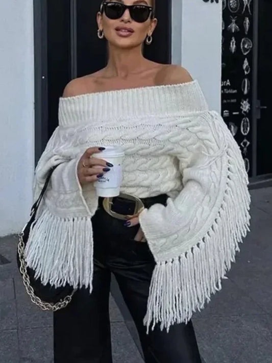 Women Chic Off Shoulder Tassel Pullover Sexy Slash Neck Long Sleeve Sweater