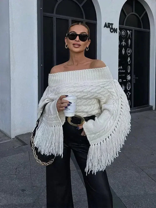 Women Chic Off Shoulder Tassel Pullover Sexy Slash Neck Long Sleeve Sweater