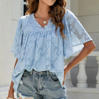 FashionSierra - Summer Floral V-Neck Short Flare Sleeves Chiffon Texture Holiday Travelling Clothing Blouse