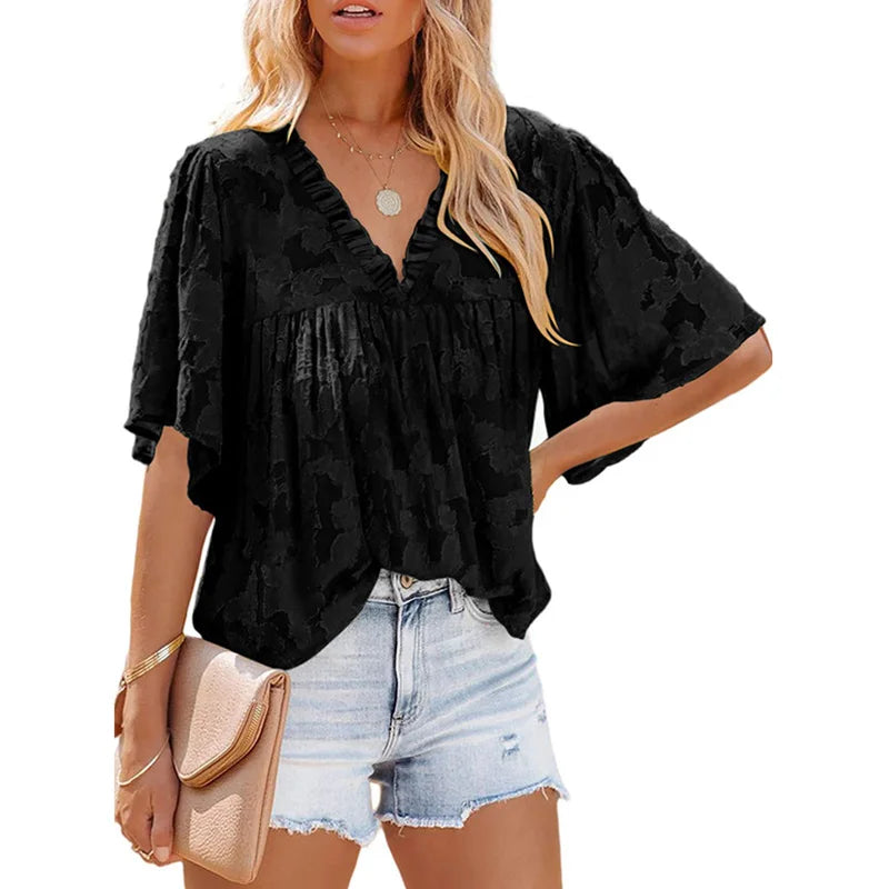 FashionSierra - Summer Floral V-Neck Short Flare Sleeves Chiffon Texture Holiday Travelling Clothing Blouse