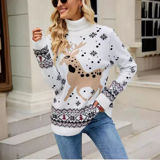 Christmas Deer Warm Knitted Long Sleeve Casual Ugly Blouse Sweater White / S Sweaters-L