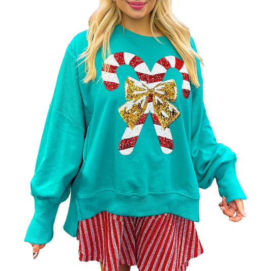 Sequin Candy Cane Oversized Side Slit Sparkly Pullover Hoodie - Christmas Holiday Theme