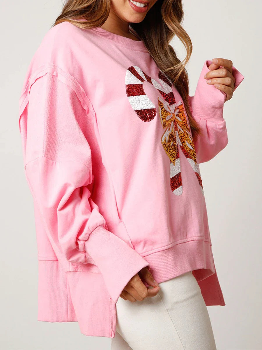 Christmas Sequin Candy Cane Holiday Oversized Side Slit Sparkly Pullover Hoodie Hoodies-L