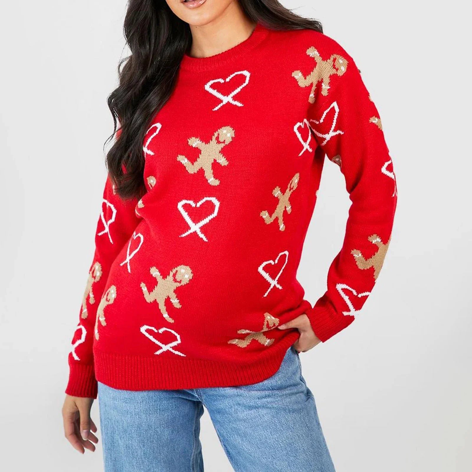 Christmas Gingerbread Print Long Sleeve Round Neck Casual Loose Sweater Sweaters-L