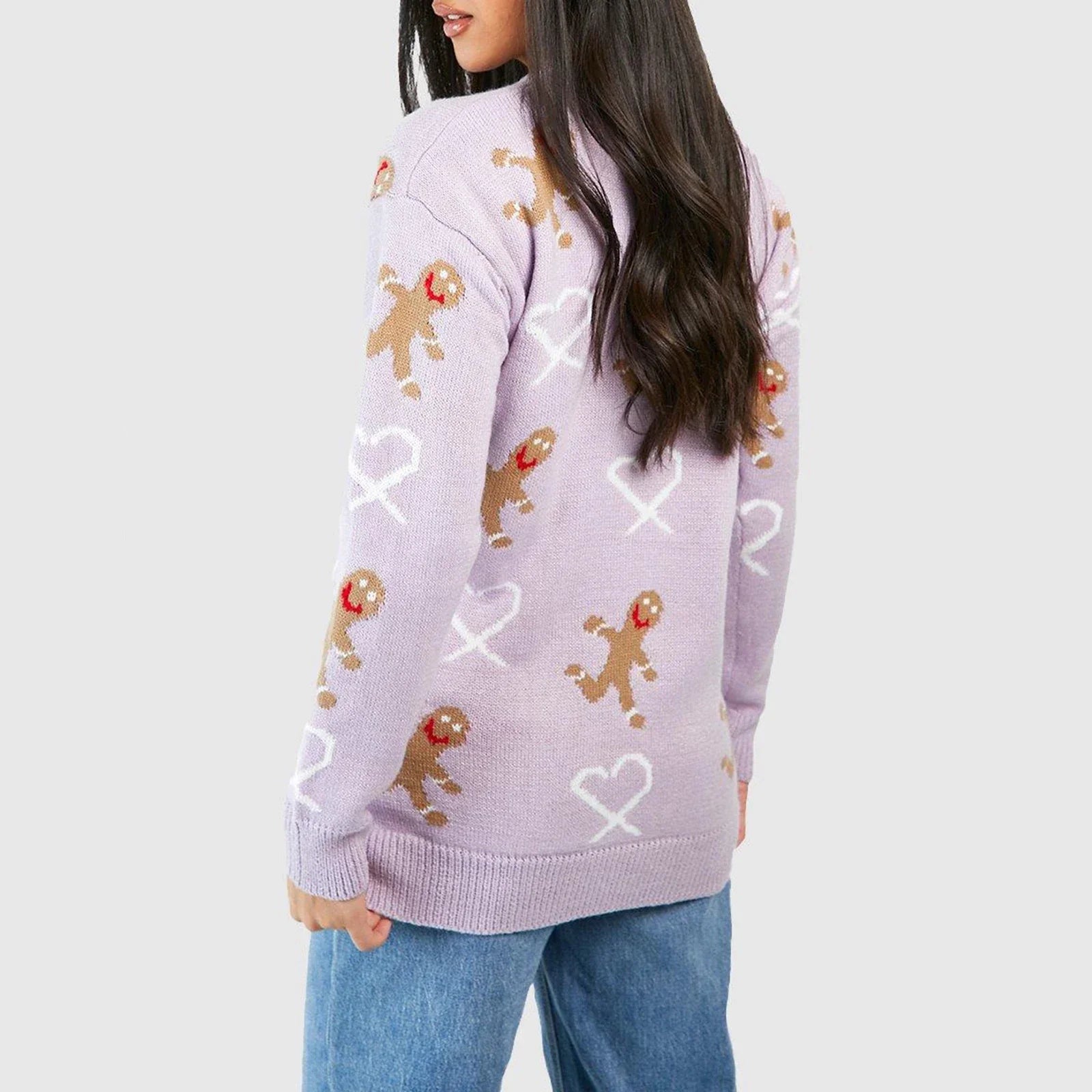 Christmas Gingerbread Print Long Sleeve Round Neck Casual Loose Sweater Sweaters-L