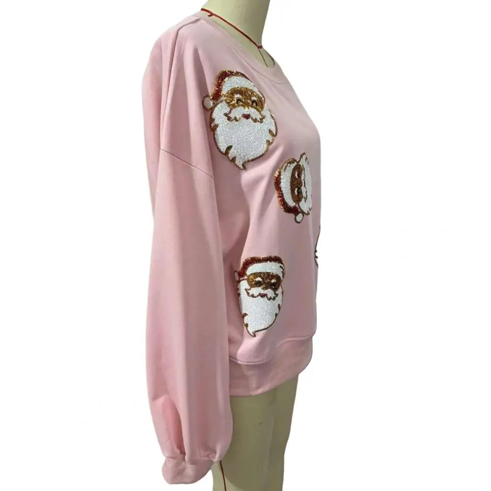 Round Neck Sequin Santa Pattern Loose Lantern Sleeves Christmas Hoodie Hoodies-L