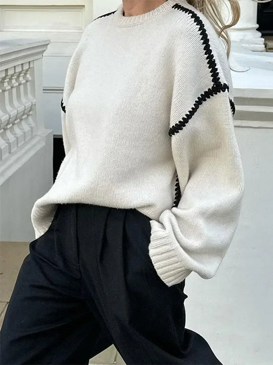 Women Contrasting Knitted Elegant O Neck Long Sleeve Loose Sweater