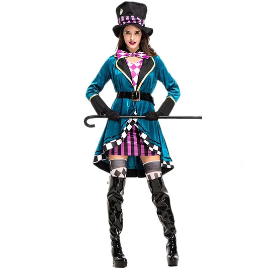 Women Mad Hatter Cosplay Fancy Dress Magic Show Tuxedo Halloween Carnival Costume