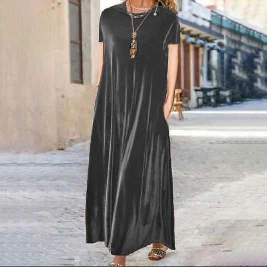 FashionSierra - Solid Color Casual Fashion Velvet Crew Neck Short Sleeve Robe Dress