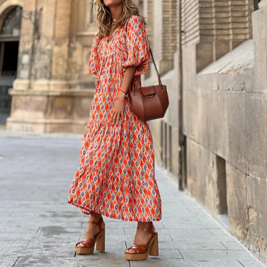 FashionSierra - 2024 Casual Summer Floral Printing V-Neck Boho Dress