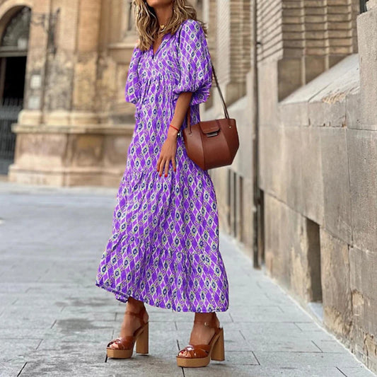 FashionSierra - 2024 Casual Summer Floral Printing V-Neck Boho Dress