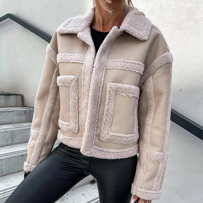 Women Leather Stitching Cardigans Fall Casual Long Sleeve Slim Short Jacket Coat