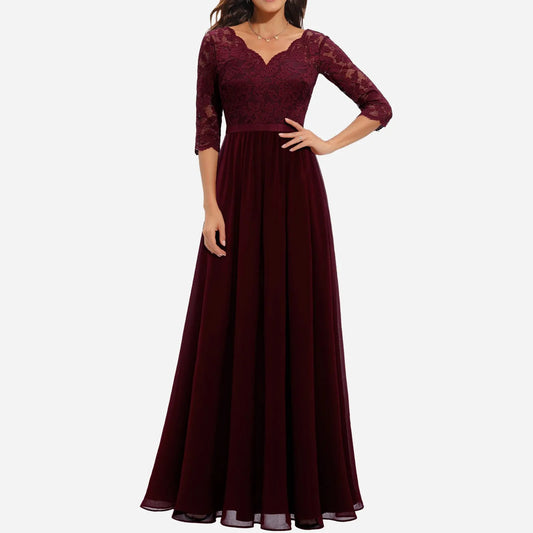FashionSierra - Elegant Solid Lace Stitching Mid-Sleeve Maxi Long Evening Party Wedding Dress