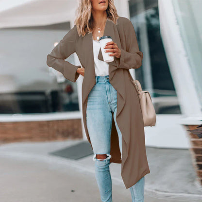 Women Turn-down Collar Office Cardigan Spring Solid Loose Long Tops Outerwear Coat