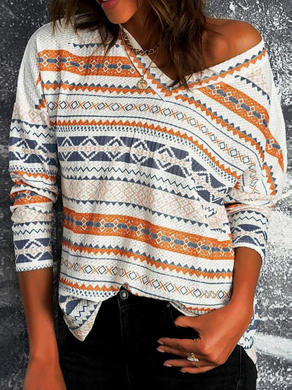 FashionSierra - Chic Basic Geometric Printed Knitted V Neck Full Long Sleeve Blouse