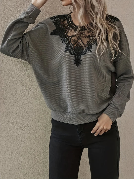 FashionSierra - Gray Casual Elegant Chic Lace Knitted Full Long Sleeve Tee Blouse