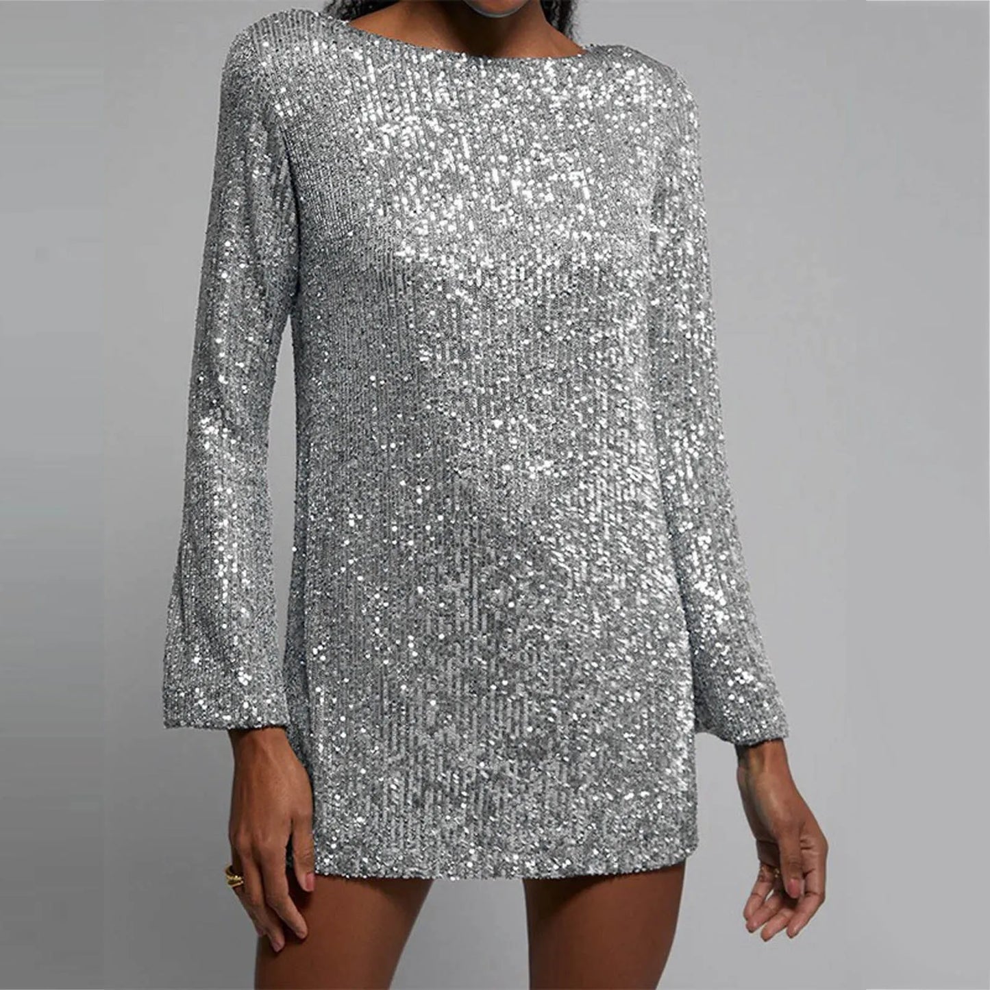 FashionSierra - Fashion Sequins Party O Neck Long Sleeve Prom Solid Color Straight Short Women Spring Autumn Dress