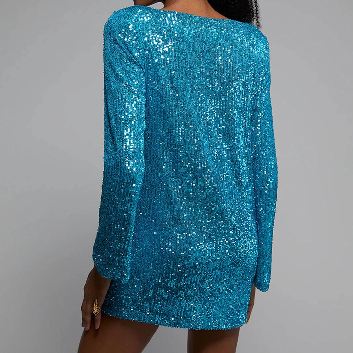 FashionSierra - Fashion Sequins Party O Neck Long Sleeve Prom Solid Color Straight Short Women Spring Autumn Dress