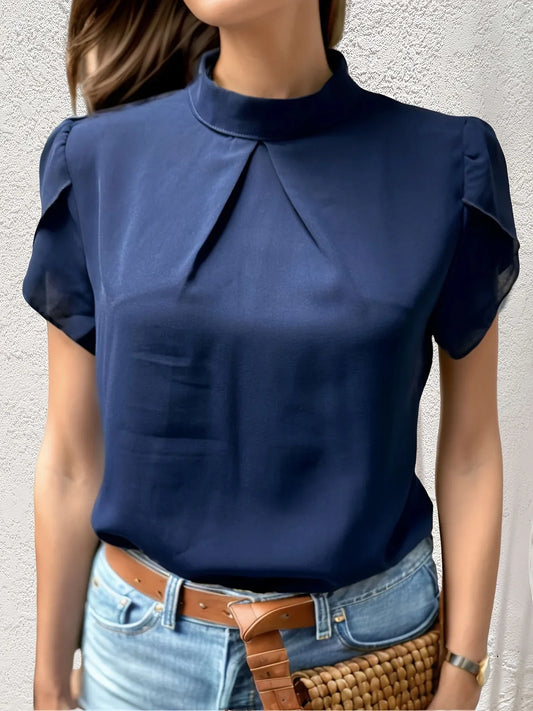 Women Fashion Color Blouses Stand Collar Short Sleeve Blouse