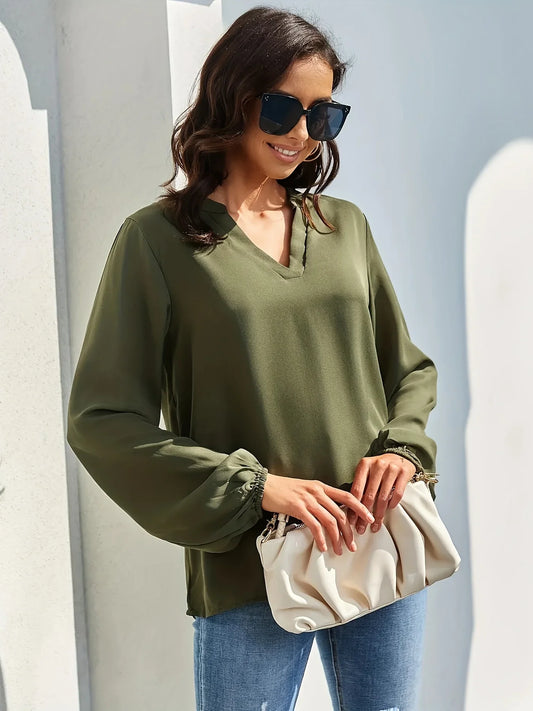 FashionSierra - Fashion Office Tops Casual V Neck Long Sleeve Ladies Solid Color Blouse