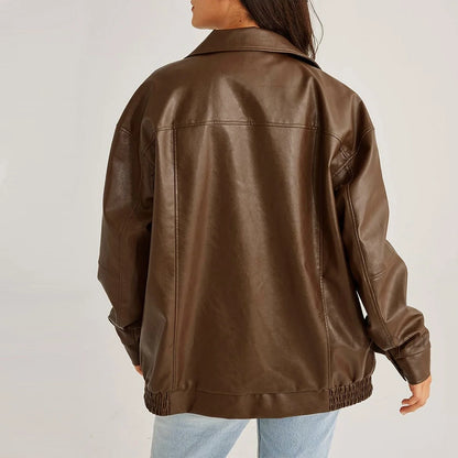 Women Leather Casual Motorcycle Fashion Long Sleeve Lapel Zipper Vintage Streetwear Cropped Jacket Coat