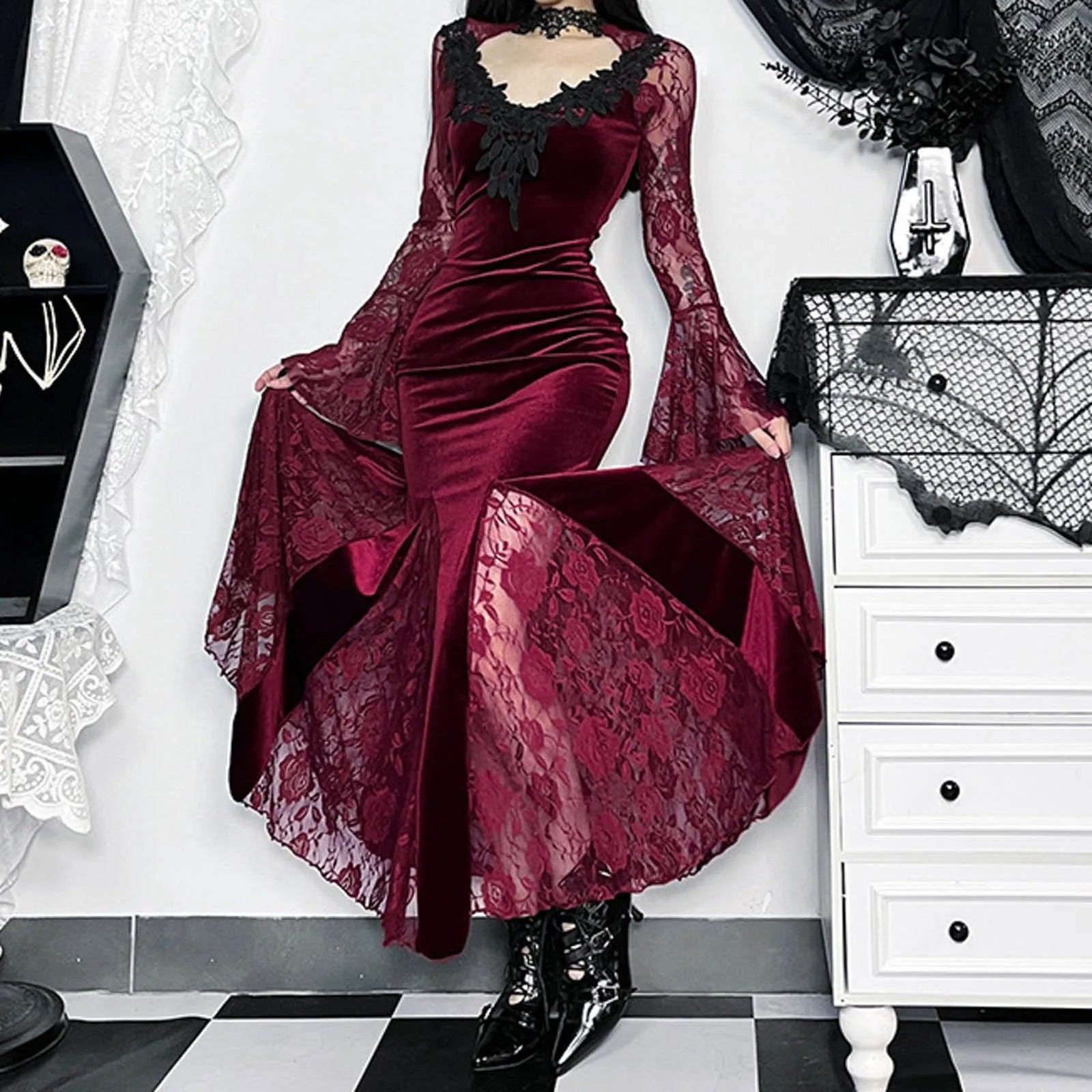 Dark Plaid Elegant Short Long Dress Wine / S