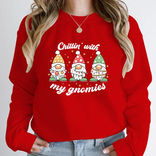 Hoodless Light Chillin’ Gnomies Round Neck Pullover Christmas Hoodie Red / S Hoodies-L