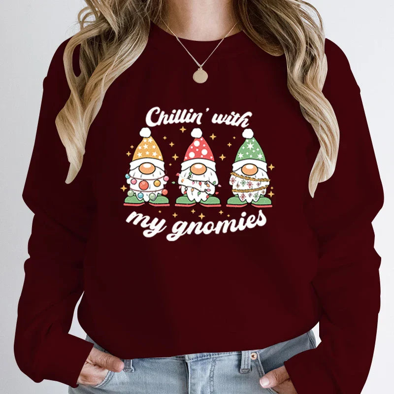 Hoodless Light Chillin’ Gnomies Round Neck Pullover Christmas Hoodie Burgundy / S Hoodies-L