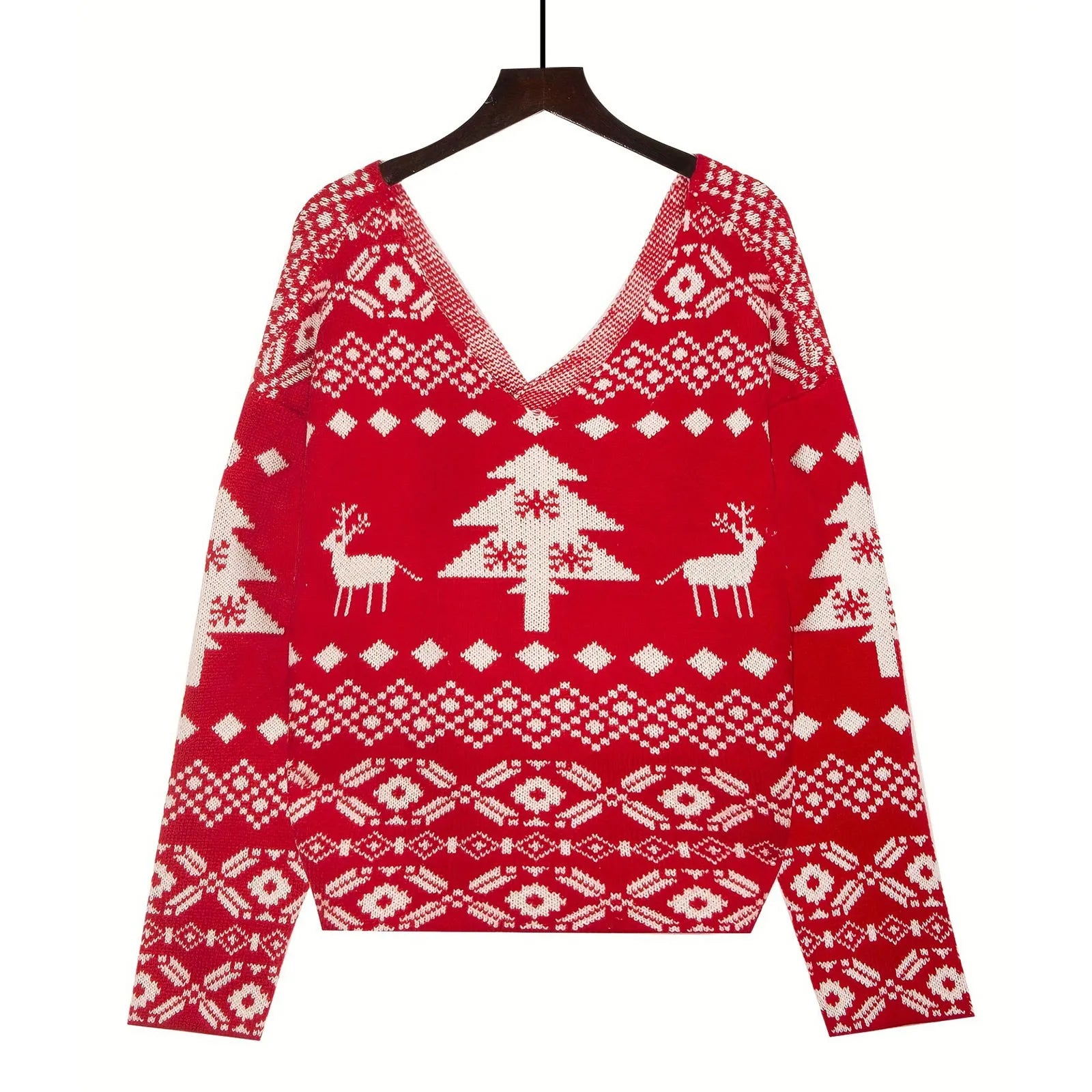 Sexy Oversized Low Back Deep V-Neck Hot Red Pullover Christmas Sweater Sweaters-L