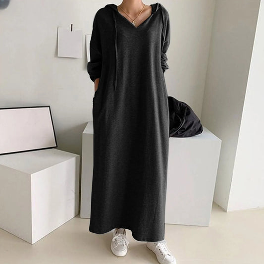 FashionSierra - Solid Loose V Neck Casual Fashion Hooded Long Sleeve Drawstring Autumn Ladies Knee Length Dress